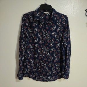 Artisan NY Women's Sz L Navy Blue Paisley Print Button Down